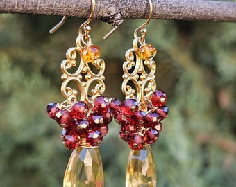 Citrine and Red Garnet Chandelier Filigree Earrings, 14K Gold-filled, November Birthstone, November Birthday, January Birthday, Gift for Her