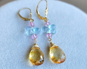 Citrine, Blue Topaz and Pink Topaz 14k Gold-filled Earrings, November Birthstone,  Free Shipping, Gifts for Her, Birthday Gifts
