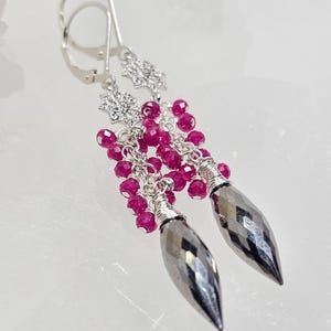 Hematite and Ruby Earrings, Sterling Silver,  Rhodium Plated, Cubic Zirconia, Gifts for Her,  Free Shipping