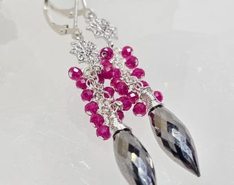 Hematite and Ruby Earrings, Sterling Silver,  Rhodium Plated, Cubic Zirconia, Gifts for Her,  Free Shipping