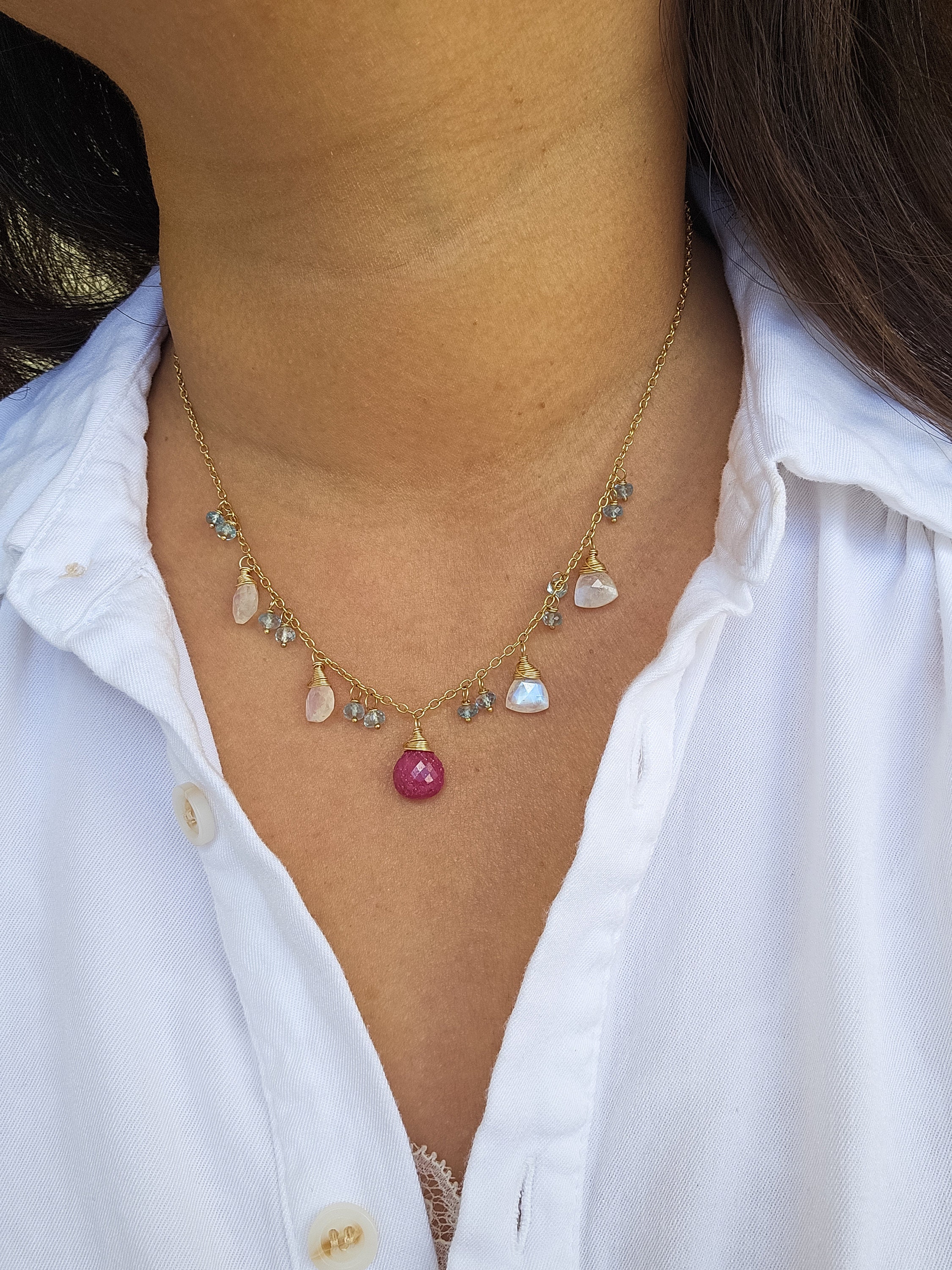 Ruby, Rainbow Moonstone & Aquamarine 14K Gold-filled Necklace