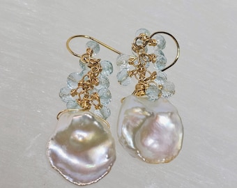 Keshi Pearls, Aquamarine Earrings 14K Gold-filled, Gifts for Her, Free Shipping, Birthday Gifts, June Birthday, March Birthday