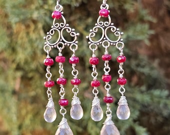 Rose Quartz, Ruby Chandelier Sterling Silver Earrings, Gifts for Her, Birthday Gift, Mom Gifts, Wife Gifts, Anniversary Gifts, Handmade Gift
