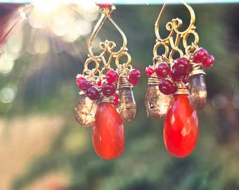 Carnelian, Andalusite , Ruby Chandler Earrings, 14K Gold-Filled, Fall Colors, Gifts for Her, Mom Gifts, Free Shipping, Handmade Jewelry