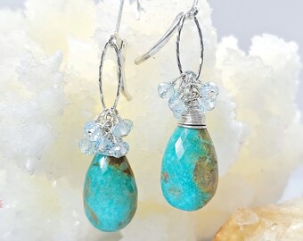 Kingman Turquoise and Blue Topaz Sterling Silver Earrings,  December Birthday, Free Shipping, Gifts for Her, Mom Gifts, Blue White Earrings