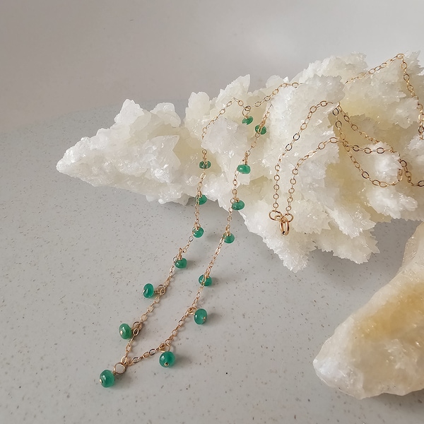 Emerald Fringe Necklace, 14K Gold-filled, May Birthday, May Birthstone, Free Shipping