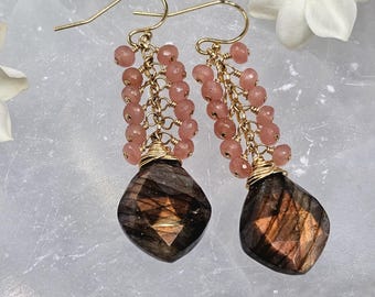 Golden Labradorite and Rhodochrosite 14k Gold-filled Earrings, Gifts for Her, Gold Flash Labradorite, Mom Gifts, Birthday Gift