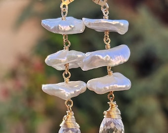 White Keshi Pearls and Crystal Quartz Earrings 14K Gold-filled,  Gifts for Her, Mom Gifts, Free Shipping,  Bridal Earrings