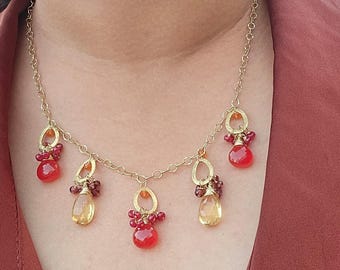 Multi-gemstone Fall Vibes Necklace, Carnelian, Ruby, Citrine, Garnet, 14K Gold-filled, Fall Inspired, Gifts for Her, Fall Jewelry, Mom Gifts
