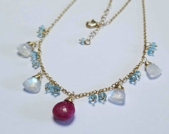 Ruby, Rainbow Moonstone & Aquamarine 14K Gold-Filled Necklace
