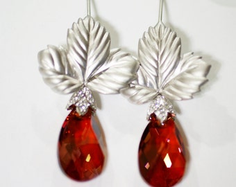 Red Magma Swarovski Maple Leaf Earrings Rhodium Plated, dangle earrings