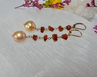 Cognac Topaz and Peach Baroque Pearls 14K Gold-filled Earrings, Gifts for Her, Free Shipping, Handmade Jewelry, Mom Gifts, Wife Gifts
