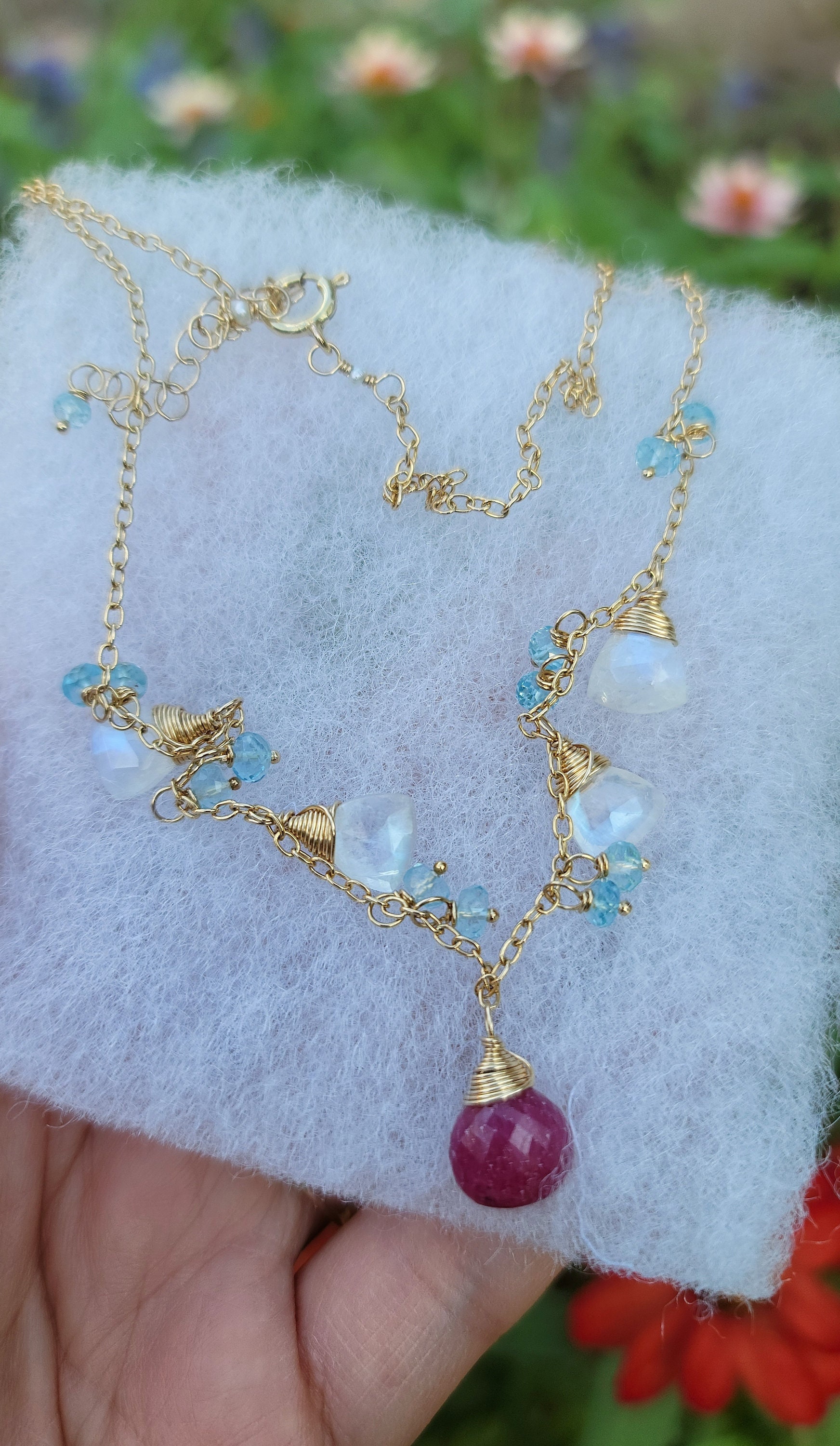 Ruby, Rainbow Moonstone & Aquamarine 14K Gold-filled Necklace