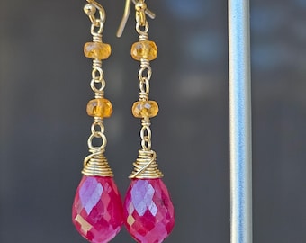 Ruby and Orange Sapphire 14K Gold-Filled Earrings, Free Shipping, Gift for her, Mom Gift, July Birthday, September Birthday, Fall Colors,