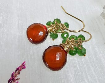 Spessartite and Tsavorite Garnet Earrings,  14K Gold-filled, January Birthstone,  January Birthday, Handmade Gift,  Gifts for Her, Mom Gifts