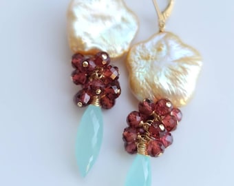 Flower-shaped Pearl Earrings, Garnet, Blue Chalcedony, 14K Gold-Filled