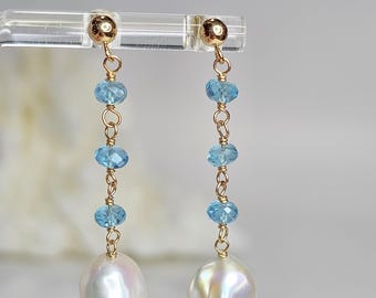 Baroque Pearls, Apatite Earrings,  14k gold-filled,  Free Shipping,  Gifts for Her, June Birthday,  Gemstone Earrings,