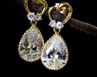 Heart Cubic Zirconia Bridal Earrings, Gold Plated, Pear Drop
