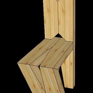 Può includere: Una sedia in legno dal design geometrico unico. La sedia è costruita con assi di legno di colore chiaro, con uno schienale a forma di V e una seduta angolata. Il design è moderno e minimalista, con linee pulite e venature naturali del legno.