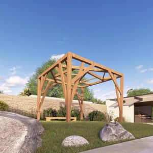 Può includere: Un pergolato in legno con un design a traliccio, che offre ombra in un giardino. Il pergolato è realizzato in legno naturale e ha un aspetto rustico.