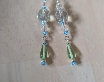 Green and Clear Glass Beaded Drop Dangle Earrings - Handmade