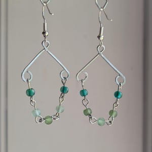 Green stone Beaded - Silver Dangle Drop Earrings - Handmade