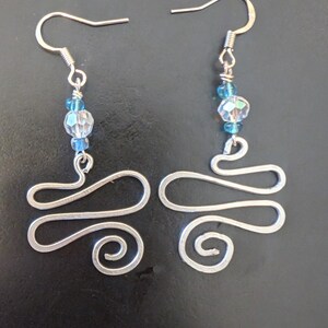 Blue & White Beaded - Silver Dangle Drop Earrings - Handmade