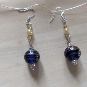 Blue Glass Bead Drop Dangle Earrings - Handmade