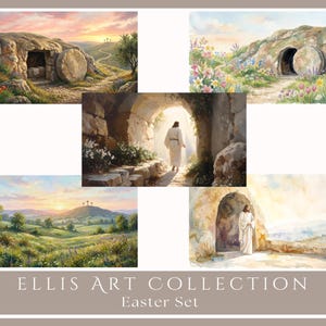 Puede incluir: Una colección de grabados artísticos con temática de Pascua. Las imágenes representan escenas del sepulcro vacío, colinas y una figura con túnica blanca. La paleta de colores incluye pasteles suaves y tonos cálidos, con el texto "ELLIS ART COLLECTION Easter Set".