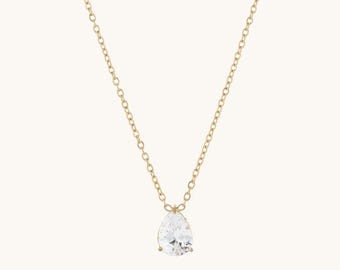 18K Gold Plated Pear Pendant Necklace: Zircon Stone, Waterproof