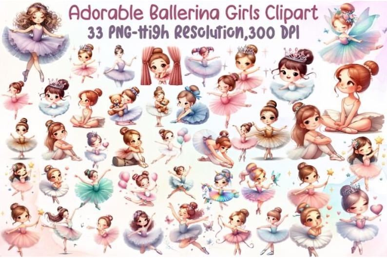 Adorable Ballerina Girls Clipart Bundle – Cute Ballet Dancer PNG Graphics for Scrapbooking, Invitations, Kids Party Decor, Commercial Use