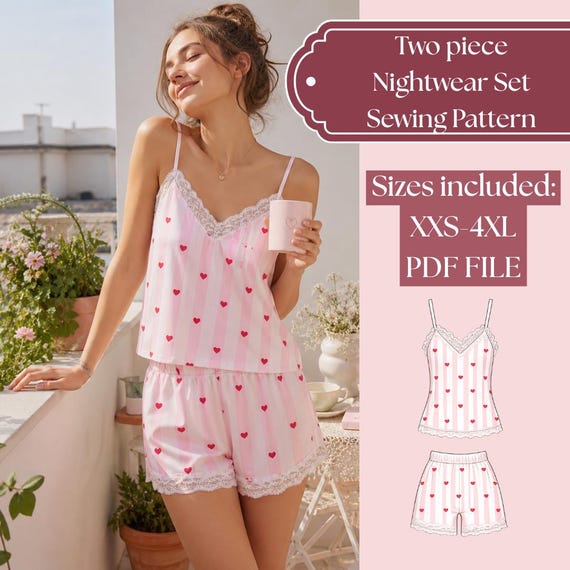 Two Piece Loungewear Set Sewing Pattern, Camisole Shorts Sleepwear (PDF File) XXS-4XL