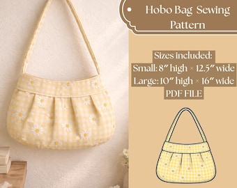 May include: A yellow gingham hobo bag with daisy accents and a matching strap. The bag is shown with a sewing pattern that includes two sizes: small (8" high x 12.5" wide) and large (10" high x 16" wide). The pattern is a PDF file.