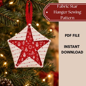 May include: A fabric star ornament with a red and white holiday print, featuring a red lace hanger and small white beads at the points. The text reads: Fabric Star Hanger Sewing Pattern, PDF FILE, INSTANT DOWNLOAD.