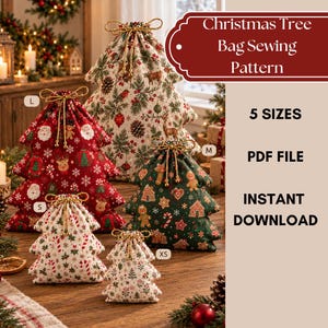 May include: Five Christmas tree-shaped fabric drawstring bags in various sizes and patterns, including red with Santa faces, green with gingerbread men, and cream with holiday motifs. Text reads: Christmas Tree Bag Sewing Pattern, 5 SIZES, PDF FILE, INSTANT DOWNLOAD.