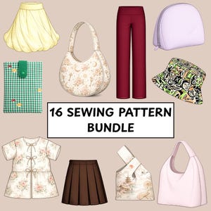 May include: A collection of illustrated sewing patterns, including a yellow skirt, a burgundy pair of pants, a white purse, a green gingham case, a floral print top, a brown pleated skirt, a bucket hat, and a pink handbag. The text "16 SEWING PATTERN BUNDLE" is displayed.
