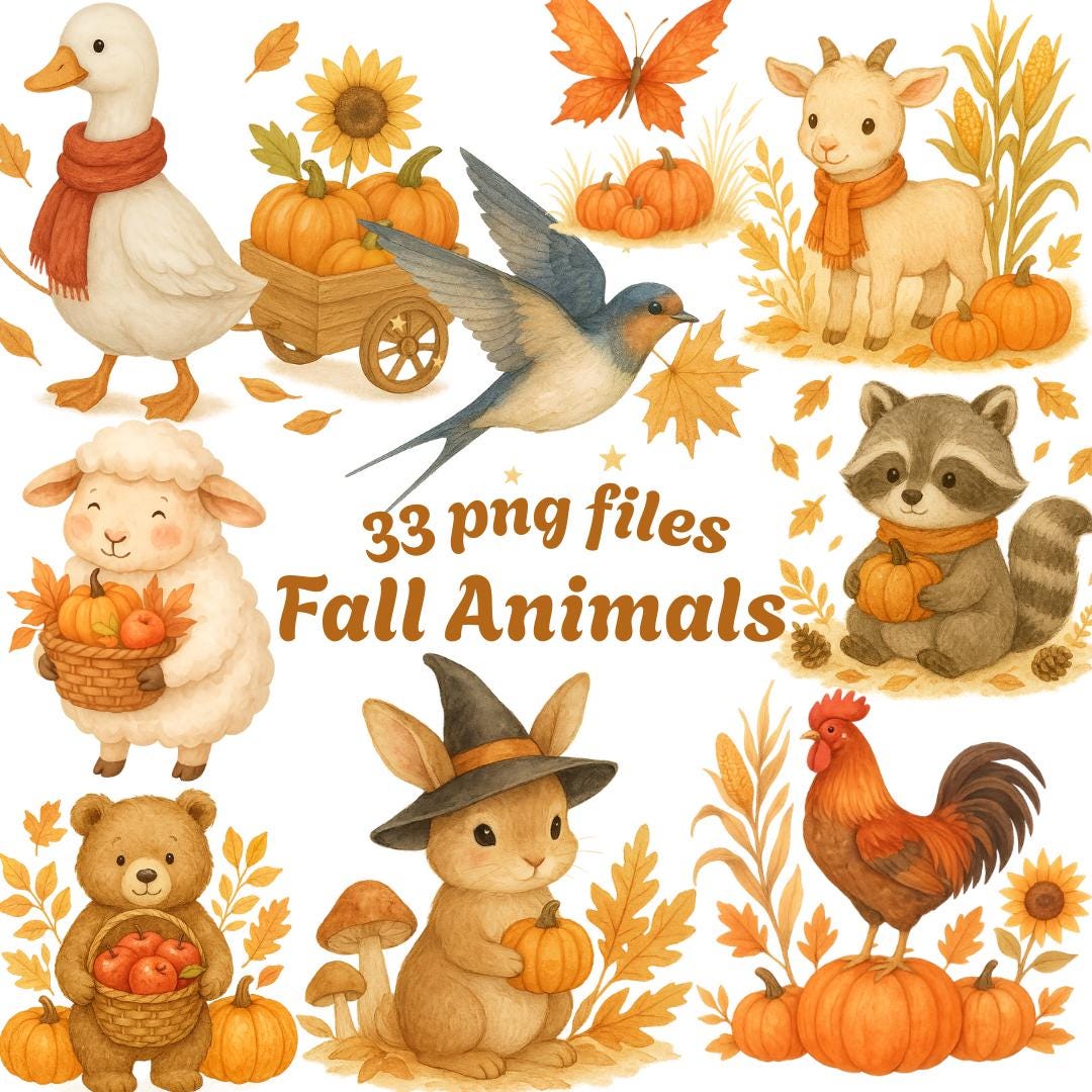 Watercolor Fall Woodland Animals Clipart: Autumn Forest PNG Bundle ...