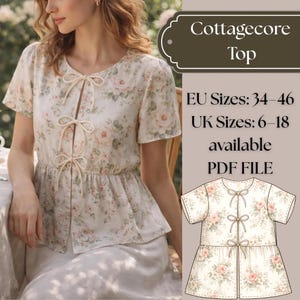 Patrón de costura para blusa con lazo frontal floral / Top estilo cottagecore (patrón en PDF)