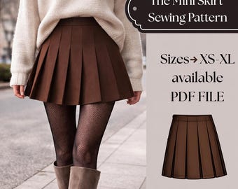 May include: A brown pleated mini skirt is the focal point of this image. The skirt is paired with a cream-colored sweater, fishnet stockings, and brown boots. Text on the right side of the image reads "The Mini Skirt Sewing Pattern" and "Sizes XS-XL available PDF FILE."