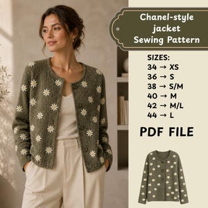 May include: An olive green Chanel-style jacket sewing pattern with white daisy embroidery. The pattern includes sizes XS to L. The image also shows a woman wearing the jacket. The pattern is a PDF file.