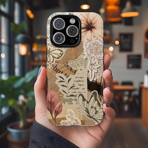 Vintage Collage Aesthetic Phone Case | Neutral Brown Scrapbook Style for iPhone, Samsung, Pixel | Butterfly Floral Retro Cover
