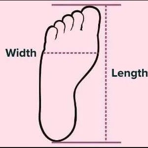 May include: Illustration of a foot outline with dotted lines indicating width and length measurements. The word "Width" is labeled on the left side, and "Length" is on the right. The background is a light pink color.