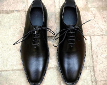 Zapatos Oxford de vestir de cuero negro para hombre, hechos a mano, con cordones.