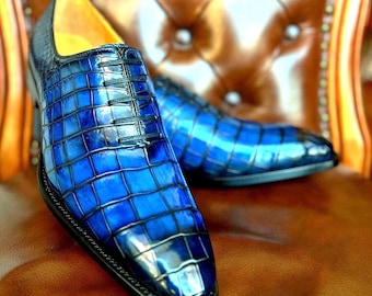 Zapatos Oxford de piel auténtica de cocodrilo azul hechos a mano para hombre.