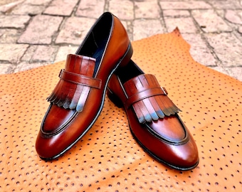 Handmade Brown Leather Loafers, Wedding Gift for Husband