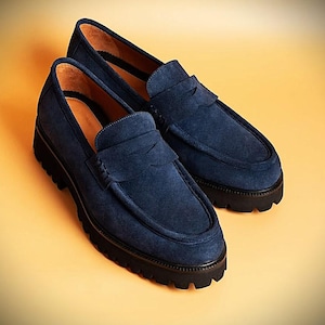 Handmade Navy Blue Suede Loafers, Handcrafted Leather Shoes, Stylish Gift for Men, Personalized Gift for Wedding, Gift for Husband