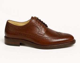 Sapatos Derby Oxford com Bico Wingtip Marrom Feitos à Mão, Sapatos Sociais Masculinos de Couro, Sapatos Formais de Casamento Sob Medida