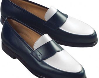 Handmade Two Tone Penny Loafers, Men's Cap Toe Leather Dress Shoes