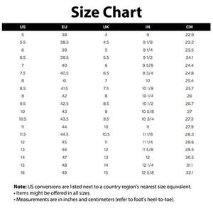 May include: A black and white size chart with US, EU, UK, IN, and CM measurements. The chart includes shoe sizes from US 5 (22.9 cm) to US 16 (32.1 cm), with corresponding sizes in other systems. Text at the bottom explains the conversions.