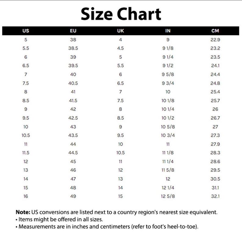 May include: A black and white size chart with US, EU, UK, IN, and CM measurements. The chart includes shoe sizes from US 5 (22.9 cm) to US 16 (32.1 cm), with corresponding sizes in other systems. Text at the bottom explains the conversions.